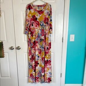 Pink and Purple Floral Maxi Sundress with 3/4 Sleeves Modest